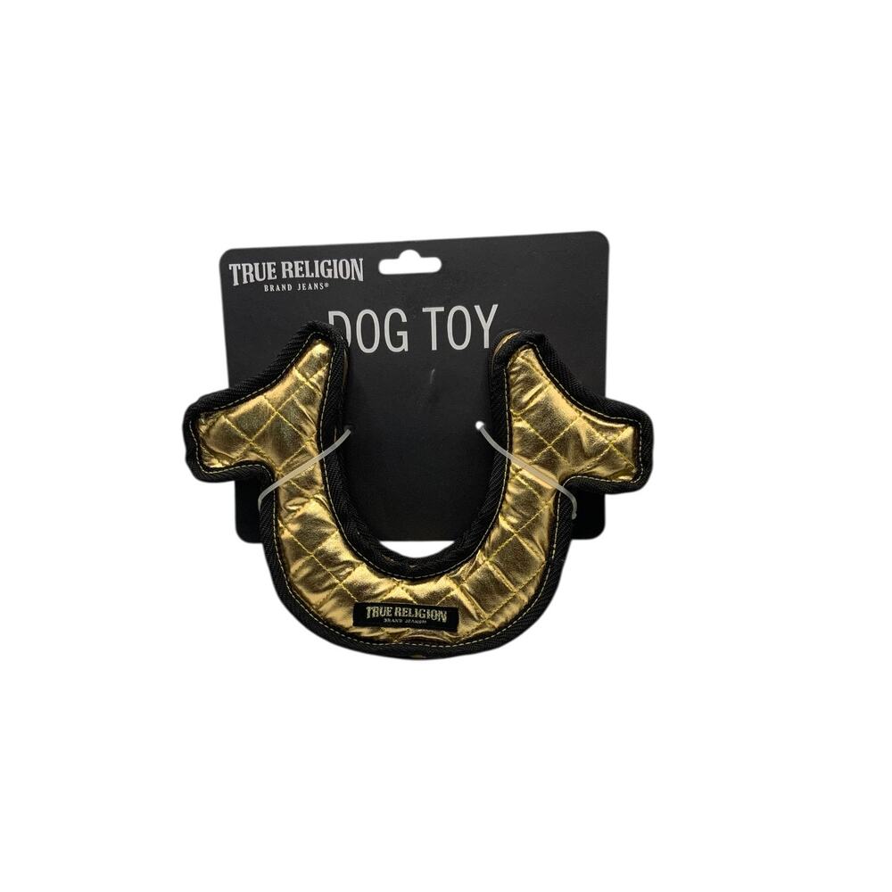 True Religion Teeth Cleaning Dog Toy Horseshoe Gold Black Plush New With Tags
